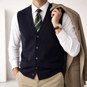 Vintage Façonnable 100% Merino Wool Navy Blue V-Neck Button Cardigan Vest XL
